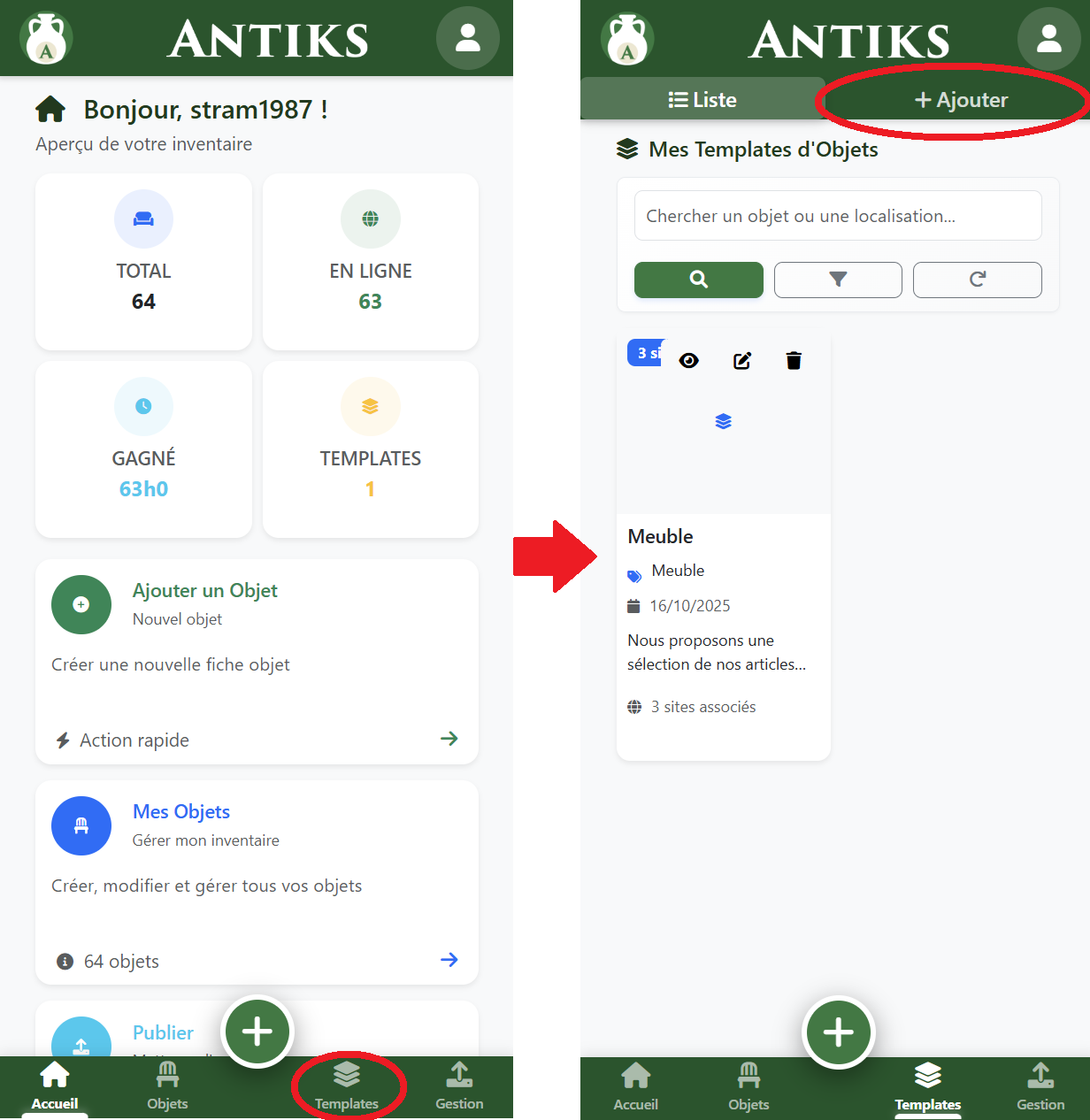 Accès section templates mobile
