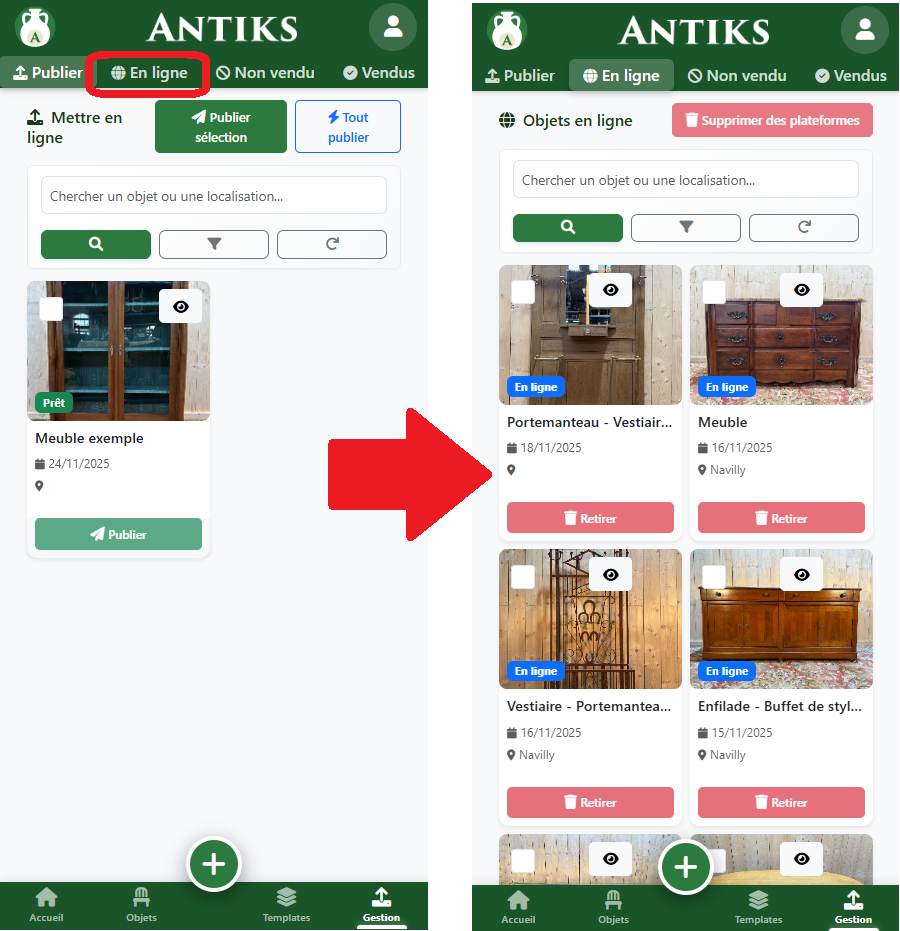 Liste objets en ligne mobile