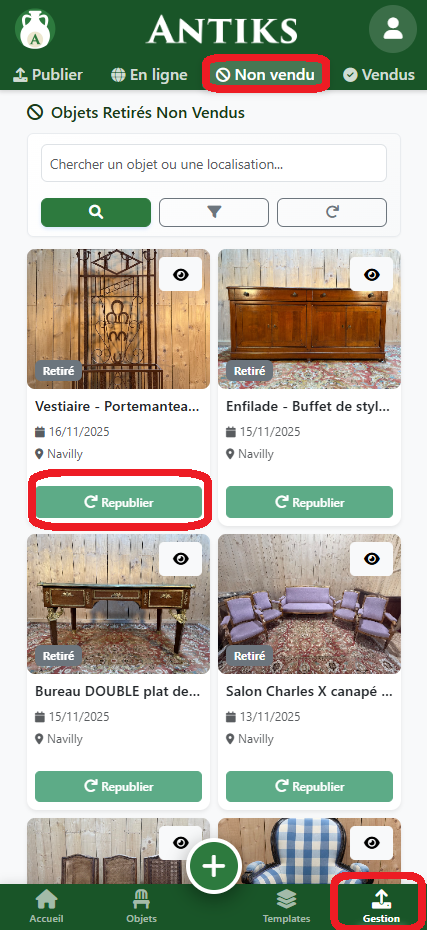 Objets non vendus mobile