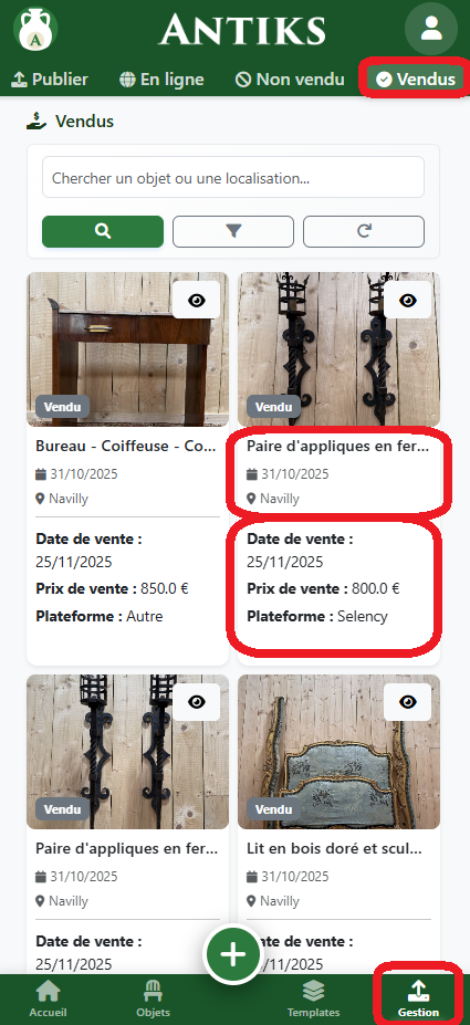 Liste objets vendus mobile