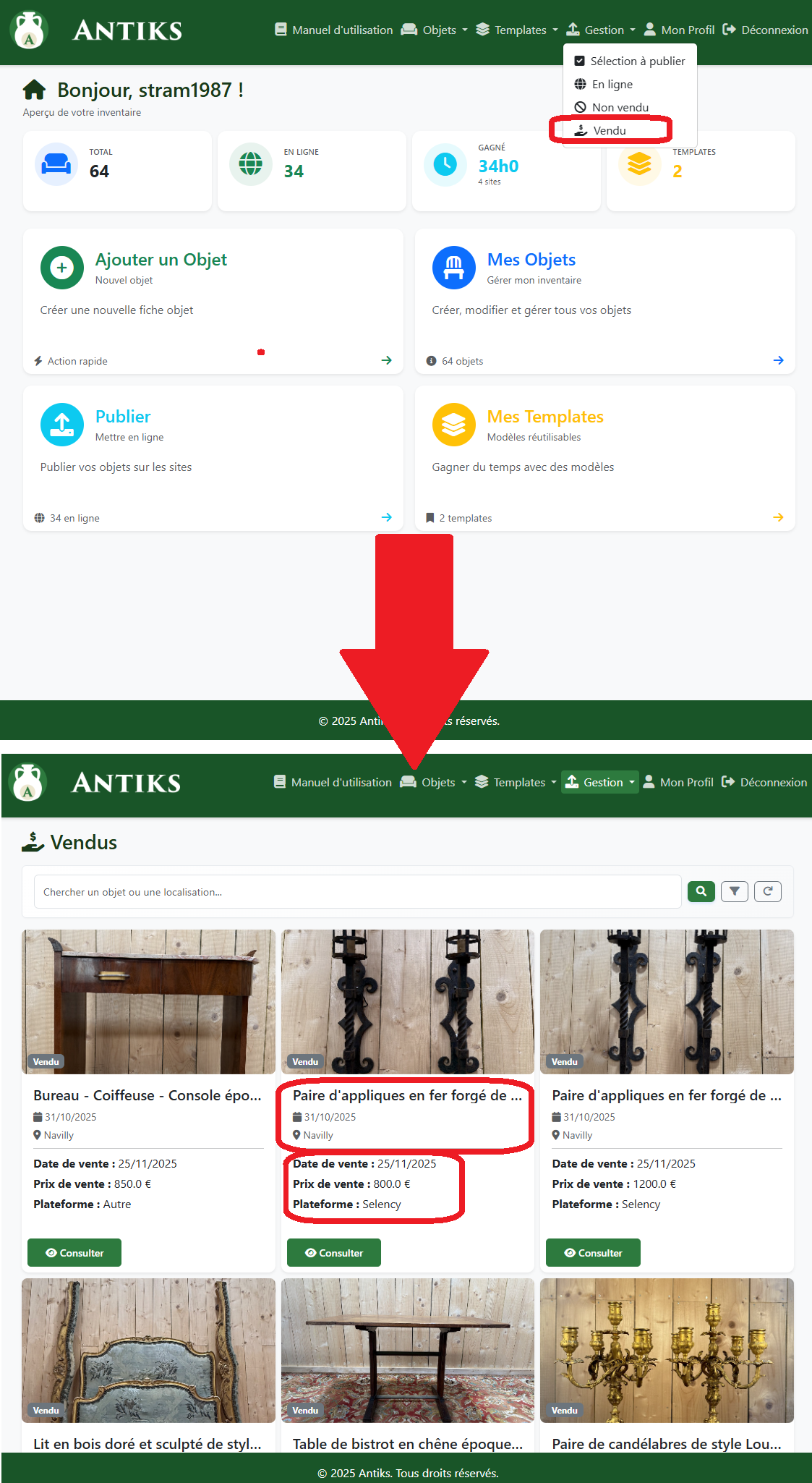 Liste objets vendus PC