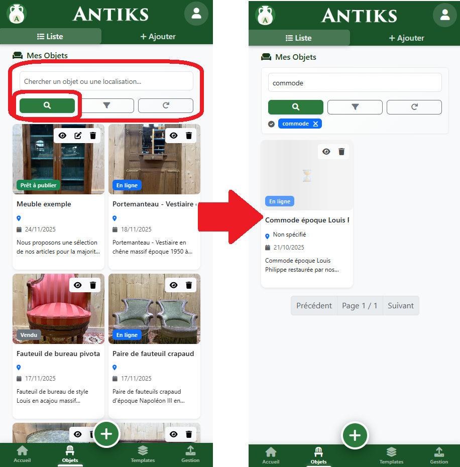 Recherche objets mobile